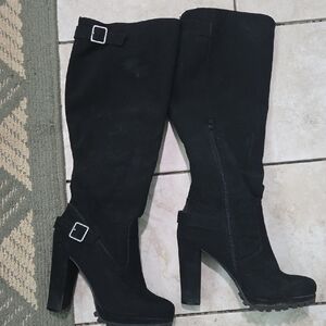 Women's Black Suede High Heel Knee Boots with Buckle Detail